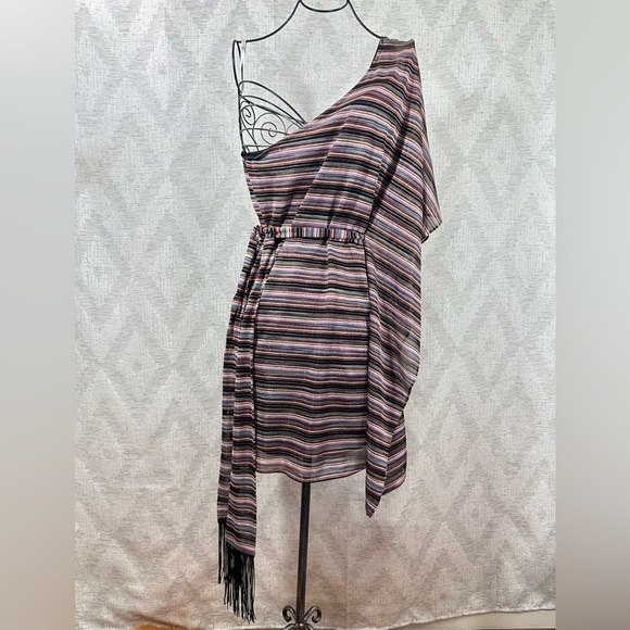 karina grimaldi colorful metallic striped one shoulder batwing mini dress size S - Picture 1 of 12